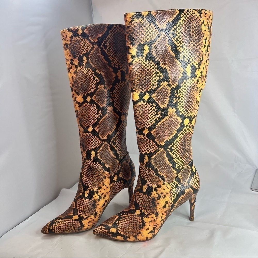 Womens Yellow Snakeskin Padded Kimari Pointed Toe Stiletto Heeled Boots - Picture 2 of 8
